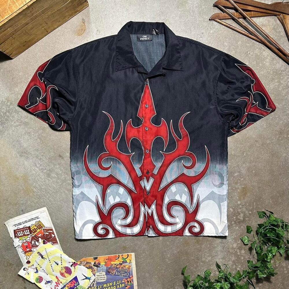Grunge Y2K Button Up Shirt Mens Large Tribal Print Emo Punk Flames Graphic Tee